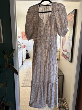 Anthropologie White Maxi Dress with Blue Dot Print